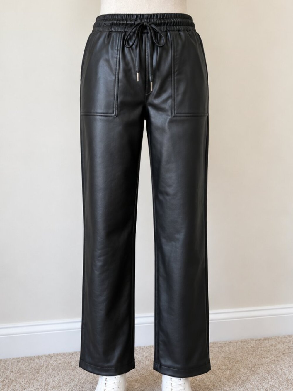 A New Day Black Faux Leather Jogger Pants Drawstring Elastic Waist Size S